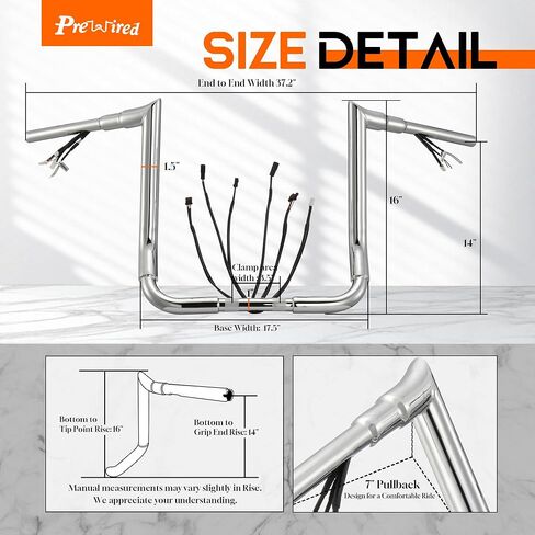 سلك مسبق 1 1/2 بوصة من Fat Ape Hangers Street Glide مقابض ساخنة خيار 14 بوصة مقود ارتفاع لـ Harley 2016-2023 Street Glide/Electra Glide/Ultra Limited Bagger Meathook Bar مع CAN-Bus/TBW، كروم in Kuwait