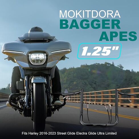 MoKitDora Prewired Street Electra Glide Handlebar 10 بوصة ارتفاع 1.25 بوصة دهون 1 بوصة مشبك Meathook Bar Ape Hanger Baggers لـ Harley Mitre Cut 2016-2023 Ultra Limited FLHX FLHT، أسود لامع in Kuwait