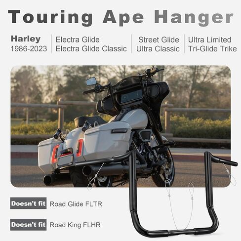 MoKitDora Street Electra Glide Ape Hanger 14 بوصة ارتفاع 1-1/2 بوصة دهون 1 بوصة مشبك قرد باجر بار لـ 1986-2023 Harley FLHT & FLHX Ultra Limited Tri-Glide، أسود in Kuwait