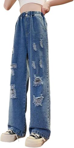 بنطلون جينز AOWKULAE للفتيات عالي الخصر فضفاض Y2K من قماش الدنيم الممزق مقاس 7-14 سنة in Kuwait