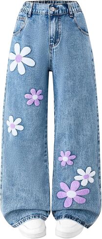 بنطلون جينز بناتي فضفاض واسع الساق مطبوع عليه زهور من قماش الدنيم عالي الخصر لطيف Y2K بنطلون غير رسمي ملابس توينز 7-14 سنة in Kuwait