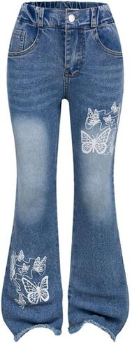 Toddler Little Girls Flare Jeans Butterfly Embroidery Skinny Stretchy Elastic High Waist Denim Pants Spring Fall Jeans in Saudi Arabia