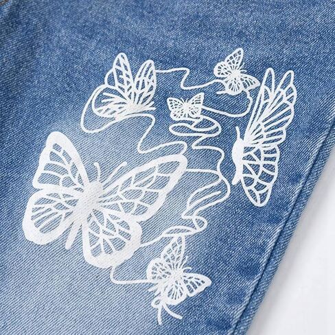 Toddler Little Girls Flare Jeans Butterfly Embroidery Skinny Stretchy Elastic High Waist Denim Pants Spring Fall Jeans in Saudi Arabia