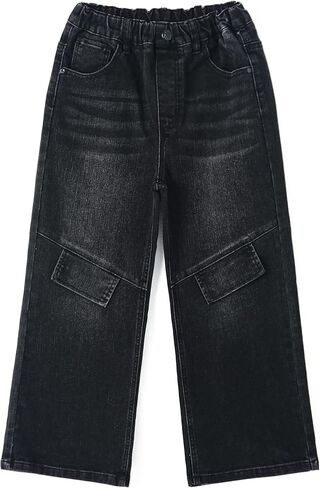 KIDSCOOL SPACE Girls Wide Leg Jeans, Ribbed Waist with D-Ring Baggy Denim Pants in Saudi Arabia