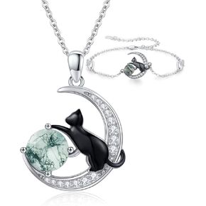 TwoAnts Cat Jewelry 925 Sterling Silver Adjustable Moss Agate Charm Black Cat Gifts for Women in Kuwait