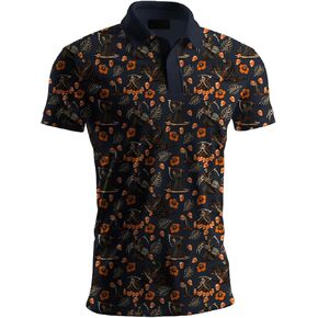 قميص بولو للجولف للرجال، نمط ريبر وزهور، أزرق، كم قصير، ألياف لدنة بوليستر ماصة للرطوبة in Kuwait