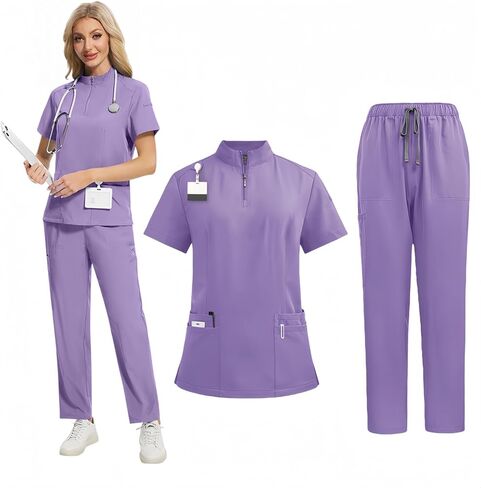 طقم الزي الرسمي لمقدمي الرعاية، ياقة بسحاب وسروال بأرجل مستقيمة، للجنسين، مناسب للأطباء البيطريين والموظفين الطبيين in Kuwait