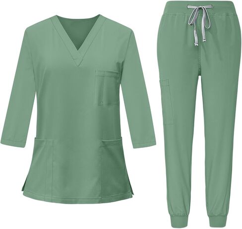 Scrubs for Women Set 3/4 Sleeve V Neck Top & Drawstring Cargo Pants Nursing with Pocket Stretchy Workwear Shirts in Saudi Arabia