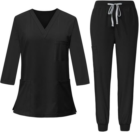 Scrubs for Women Set 3/4 Sleeve V Neck Top & Drawstring Cargo Pants Nursing with Pocket Stretchy Workwear Shirts in Saudi Arabia