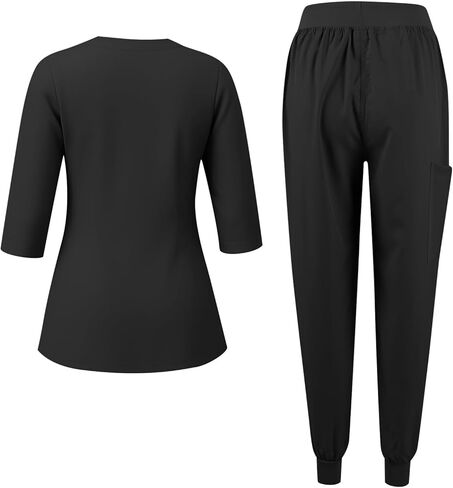 Scrubs for Women Set 3/4 Sleeve V Neck Top & Drawstring Cargo Pants Nursing with Pocket Stretchy Workwear Shirts in Saudi Arabia