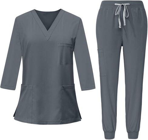 Scrubs for Women Set 3/4 Sleeve V Neck Top & Drawstring Cargo Pants Nursing with Pocket Stretchy Workwear Shirts in Saudi Arabia