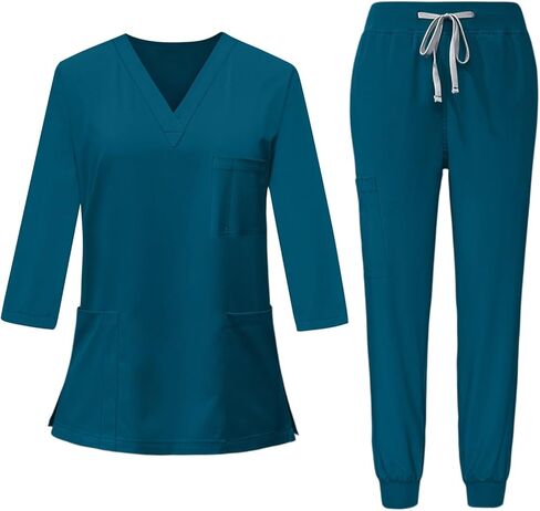 Scrubs for Women Set 3/4 Sleeve V Neck Top & Drawstring Cargo Pants Nursing with Pocket Stretchy Workwear Shirts in Saudi Arabia