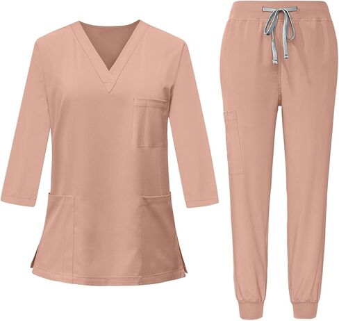 Scrubs for Women Set 3/4 Sleeve V Neck Top & Drawstring Cargo Pants Nursing with Pocket Stretchy Workwear Shirts in Saudi Arabia