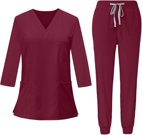 Scrubs for Women Set 3/4 Sleeve V Neck Top & Drawstring Cargo Pants Nursing with Pocket Stretchy Workwear Shirts in Saudi Arabia