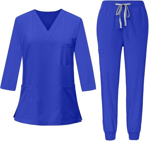 Scrubs for Women Set 3/4 Sleeve V Neck Top & Drawstring Cargo Pants Nursing with Pocket Stretchy Workwear Shirts in Saudi Arabia