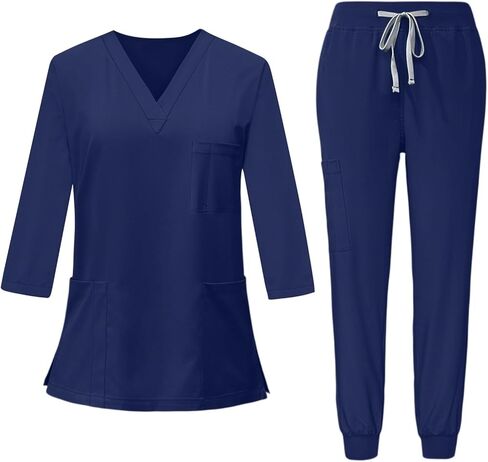 Scrubs for Women Set 3/4 Sleeve V Neck Top & Drawstring Cargo Pants Nursing with Pocket Stretchy Workwear Shirts in Saudi Arabia