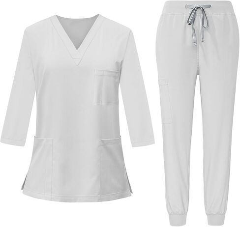 Scrubs for Women Set 3/4 Sleeve V Neck Top & Drawstring Cargo Pants Nursing with Pocket Stretchy Workwear Shirts in Saudi Arabia