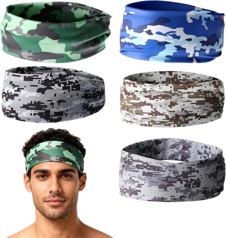 5-Pack Sports Headbands for Men Camo Sweatband for Men and Women - Moisture Wicking Workout Headband Hairband for Running, Cycling, Football,Yoga, Daily Use in Saudi Arabia