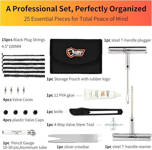 Professional 25-Piece Tire Repair Kit - Complete Emergency Kit for Car, Motorcycle. All-in-One Portable Oxford bag with Essential Tools & Step-by-Step Manual. Ready to Use, No Extra Purchase Needed. in Saudi Arabia