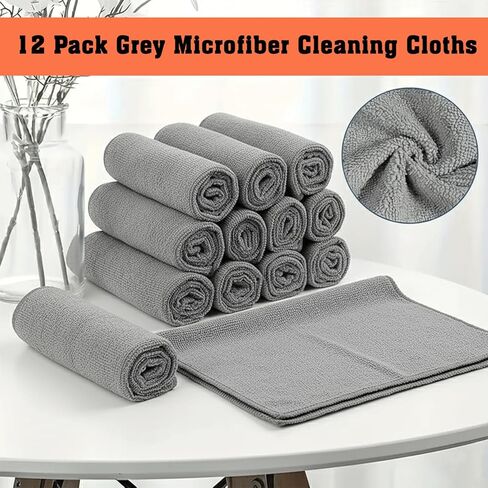Grey Microfiber Cleaning Cloth, 12 Pack Premium Microfiber Towels for Cars, Lint Free, Scratch-Free, Highly Absorbent, Reusable Cleaning Rags for Car, Household, Kitchen, Window, 11.5"X11.5" in Saudi Arabia