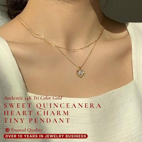 14K Tri Color Gold Sweet 15 Years Bday Quinceanera Heart Charm Tiny Size Pendant For Necklace or Chain in Saudi Arabia