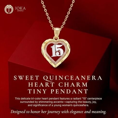 14K Tri Color Gold Sweet 15 Years Bday Quinceanera Heart Charm Tiny Size Pendant For Necklace or Chain in Saudi Arabia