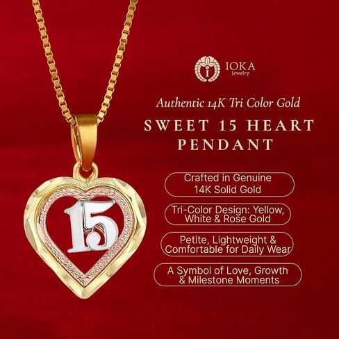 14K Tri Color Gold Sweet 15 Years Bday Quinceanera Heart Charm Tiny Size Pendant For Necklace or Chain in Saudi Arabia