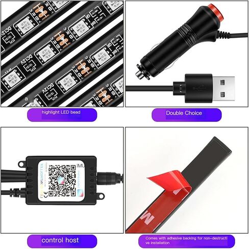 تعديل الإضاءة المحيطة LED للسيارات، تطبيق بلوتوث للسيارة، ديكور داخلي للقدم (48 مصباح، أزرق ثلجي [عادي]) in Kuwait