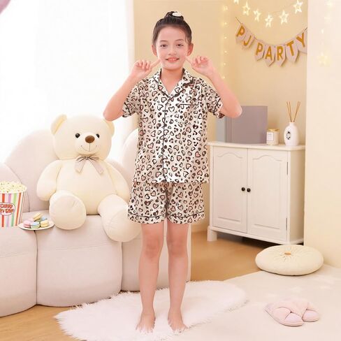 ICOSY Girls Pajamas Silky Pjs for Girls Satin Sleepwear 2 PCS Button-Down Top and Shorts for Kids Girl Pajamas Size 6-15 in Saudi Arabia