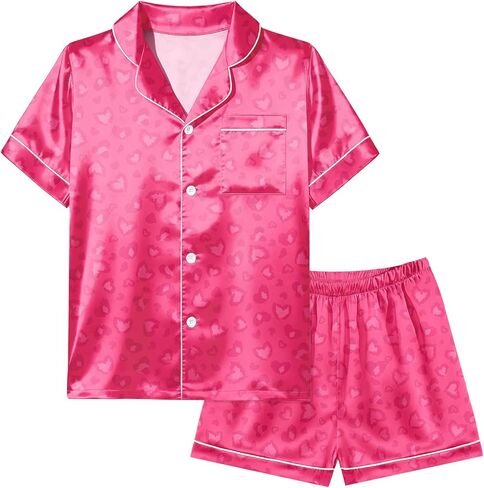 ICOSY Girls Pajamas Silky Pjs for Girls Satin Sleepwear 2 PCS Button-Down Top and Shorts for Kids Girl Pajamas Size 6-15 in Saudi Arabia