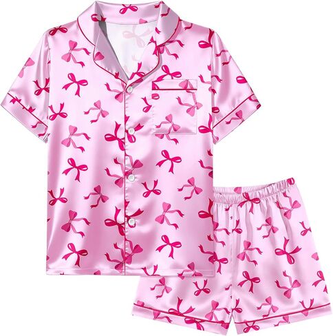 ICOSY Girls Pajamas Silky Pjs for Girls Satin Sleepwear 2 PCS Button-Down Top and Shorts for Kids Girl Pajamas Size 6-15 in Saudi Arabia