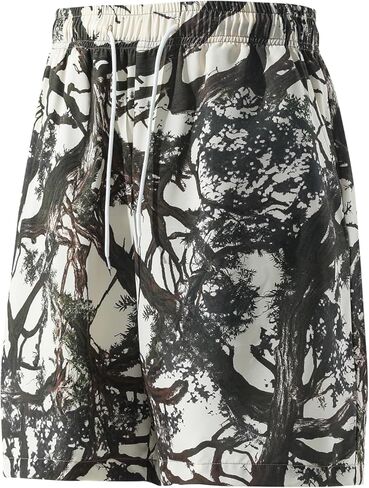 Men's Casual Shorts - Breathable Athletic Fit Short Pants with Artistic Tree Branch Graphic Print and Drawstring - Apricot in Saudi Arabia
