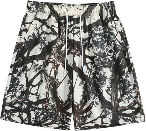 Men's Casual Shorts - Breathable Athletic Fit Short Pants with Artistic Tree Branch Graphic Print and Drawstring - Apricot in Saudi Arabia