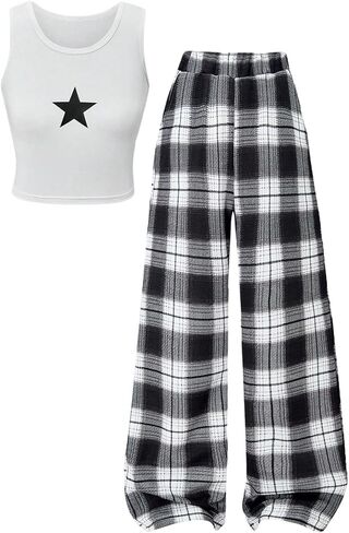 SHENHE Girl's 2 Piece Outfits Graphic Crewneck Star Tank Top and Plaid Wide Leg Baggy Pants Set in Saudi Arabia