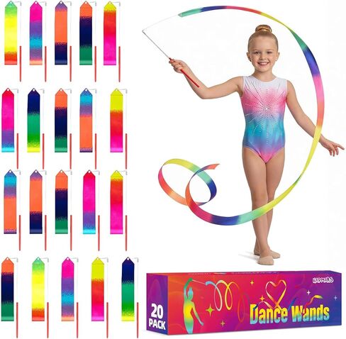 20 Pack Ribbon Dancer Wands for Kids, Rainbow Streamers, Party Favors Goodie Bags Stuffers, Girls Birthday Gifts for Dance Gymnastics Pretend Play Princess Cat in Kuwait