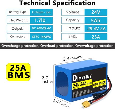 حزمة بطارية ليثيوم 24 فولت 5AH/7AH/12AH، مدمجة 25 أمبير BMS، مع شاحن سريع، موصل كابل XT60، مدمج وخفيف الوزن، لمشاريع DIY (24V5Ah) in Kuwait