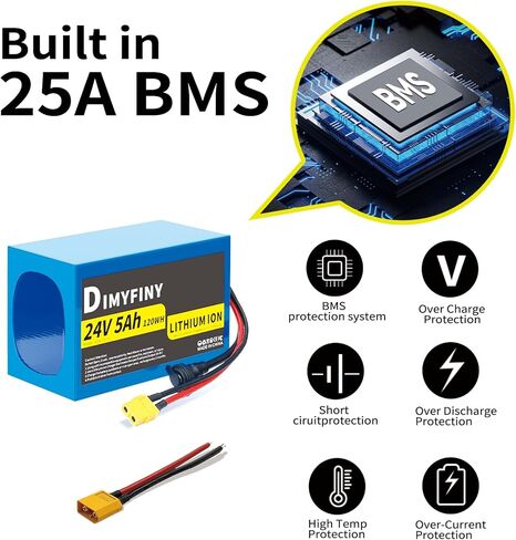 حزمة بطارية ليثيوم 24 فولت 5AH/7AH/12AH، مدمجة 25 أمبير BMS، مع شاحن سريع، موصل كابل XT60، مدمج وخفيف الوزن، لمشاريع DIY (24V5Ah) in Kuwait