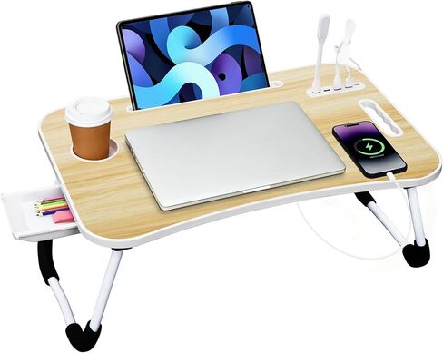 مكتب سرير محمول، مكتب كمبيوتر محمول قابل للطي مع 4 منافذ شحن USB/حامل أكواب/فتحة للكمبيوتر اللوحي/درج تخزين، طاولة قابلة للطي للعمل والكتابة والرسم وتناول الطعام (وردي) in Kuwait