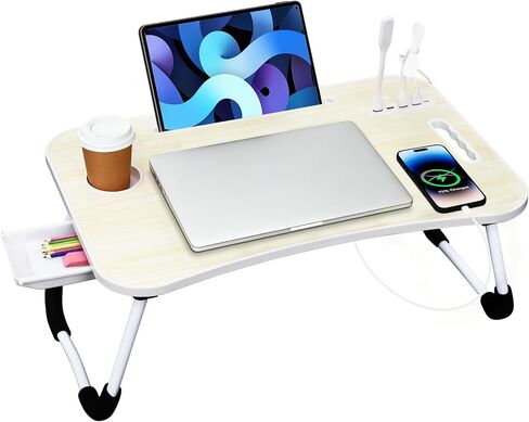 مكتب سرير محمول، مكتب كمبيوتر محمول قابل للطي مع 4 منافذ شحن USB/حامل أكواب/فتحة للكمبيوتر اللوحي/درج تخزين، طاولة قابلة للطي للعمل والكتابة والرسم وتناول الطعام (وردي) in Kuwait
