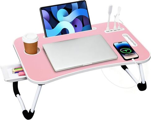 مكتب سرير محمول، مكتب كمبيوتر محمول قابل للطي مع 4 منافذ شحن USB/حامل أكواب/فتحة للكمبيوتر اللوحي/درج تخزين، طاولة قابلة للطي للعمل والكتابة والرسم وتناول الطعام (وردي) in Kuwait