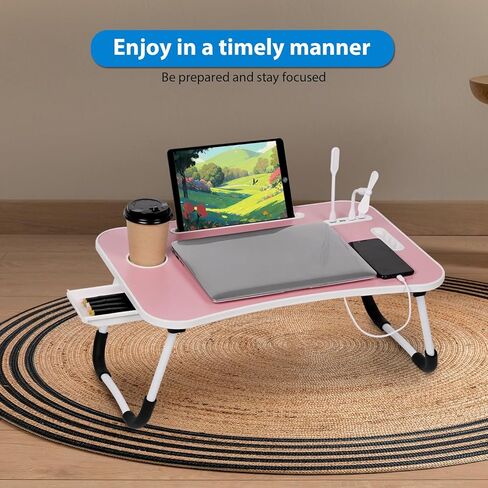 مكتب سرير محمول، مكتب كمبيوتر محمول قابل للطي مع 4 منافذ شحن USB/حامل أكواب/فتحة للكمبيوتر اللوحي/درج تخزين، طاولة قابلة للطي للعمل والكتابة والرسم وتناول الطعام (وردي) in Kuwait