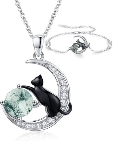 TwoAnts Cat Jewelry 925 Sterling Silver Adjustable Moss Agate Charm Black Cat Gifts for Women in Kuwait