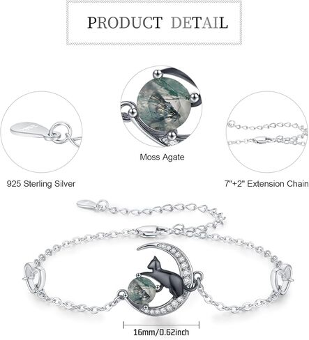 TwoAnts Cat Jewelry 925 Sterling Silver Adjustable Moss Agate Charm Black Cat Gifts for Women in Kuwait