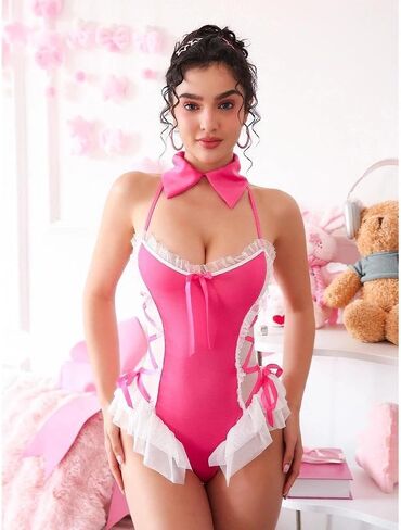 Women Pink Maid Lingerie One Piece Halter Neck Ruffle Trim Skirted Bodysuit Cute Sexy Underwear Gifts for Women in Saudi Arabia