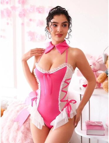 Women Pink Maid Lingerie One Piece Halter Neck Ruffle Trim Skirted Bodysuit Cute Sexy Underwear Gifts for Women in Saudi Arabia