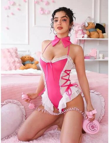 Women Pink Maid Lingerie One Piece Halter Neck Ruffle Trim Skirted Bodysuit Cute Sexy Underwear Gifts for Women in Saudi Arabia