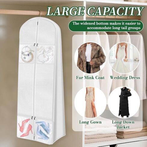 4 عبوات من حقيبة ملابس فستان الزفاف المحمولة مقاس 70 بوصة مع حقيبة يد العروس مقاس 8 بوصة حقائب فستان مقواة للفساتين الطويلة بأربعة جيوب لتغطية فستان الزفاف/الحفلة الراقصة/السفر/خزانة التخزين، أبيض in Saudi Arabia