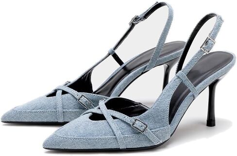 كعب Slingback للنساء مغلق بمقدمة مدببة فستان هريرة مع أشرطة مشبكية للعمل بكعب عالٍ من قماش الدنيم صندل بكعب in Kuwait