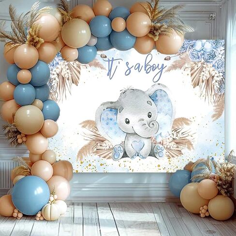 Sensfun Boho Elephant Baby Shower Backdrop for Boy Blue Pampas Grass It's a Boy Elephant Little Peanut Baby Shower Decorations Photography Background Cake Table Photoshoot Props 5x3ft in Kuwait