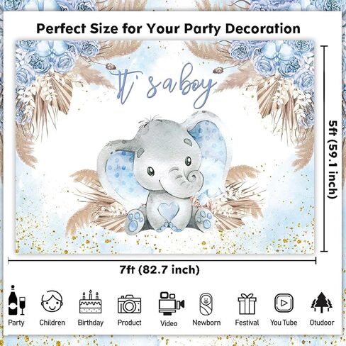Sensfun Boho Elephant Baby Shower Backdrop for Boy Blue Pampas Grass It's a Boy Elephant Little Peanut Baby Shower Decorations Photography Background Cake Table Photoshoot Props 5x3ft in Kuwait